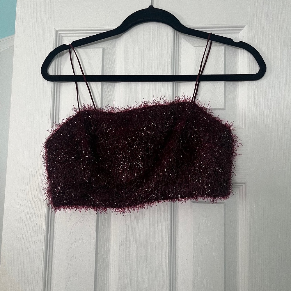 Burgundy tinsel crop top from Forever 21; size M